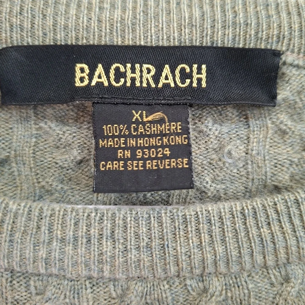 Vintage Bachrach Cashmere Sweater Mens XL Crew Neck Cable Knit Pullover Greenish